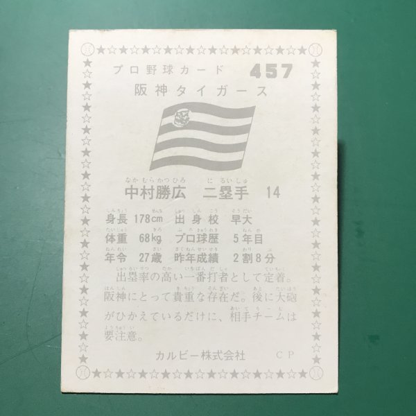 1976年　カルビー　プロ野球カード　76年　457番　阪神　中村　　【管理878】_画像2