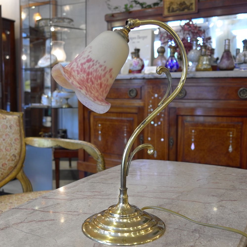 【絵になる優美なフランス製テーブルランプ】スワン型ローズピンクガラスシェード照明インテリアヴィンテージアンティークアールヌーボー