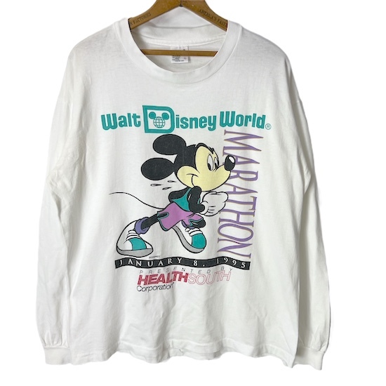 90s USA製 WALT DISNEY WORLD MARATHON ディズニー ミッキーマウス 長袖Tシャツ(メンズ XL)ホワイト ヴィンテージ ロンT