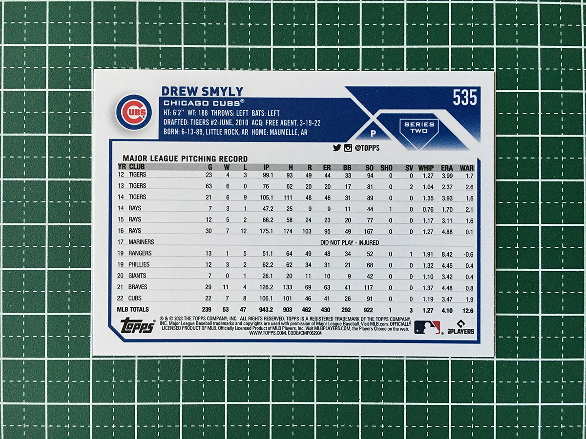 ★TOPPS MLB 2023 SERIES 2 #535 DREW SMYLY［CHICAGO CUBS］ベースカード「BASE」★_画像2