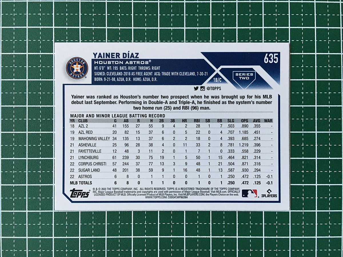 ★TOPPS MLB 2023 SERIES 2 #635 YAINER DIAZ［HOUSTON ASTROS］ベースカード「BASE」ルーキー「RC」★_画像2