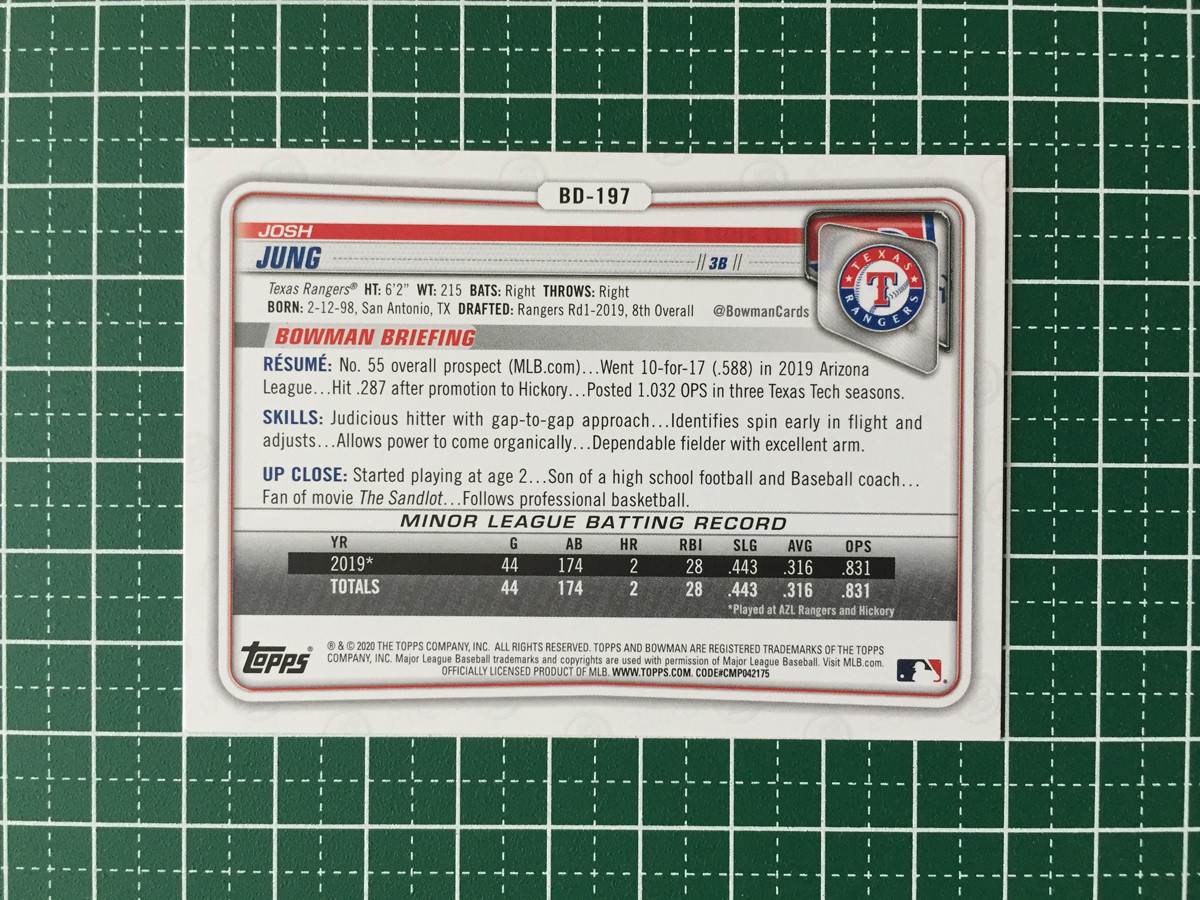 ★TOPPS MLB 2020 BOWMAN DRAFT #BD-197 JOSH JUNG［TEXAS RANGERS］ベースカード★_画像2