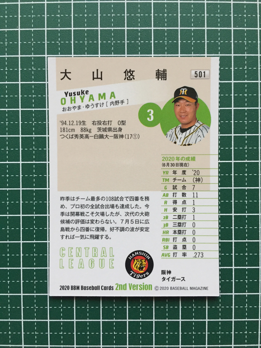 ★BBM 2020 プロ野球 2ndバージョン #501 大山悠輔［阪神タイガース］レギュラーカード 20★_画像2