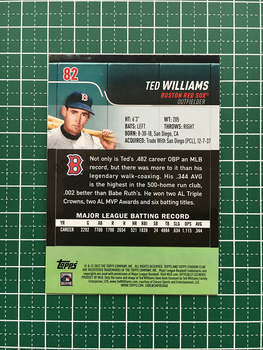 ★TOPPS MLB 2022 STADIUM CLUB #82 TED WILLIAMS［BOSTON RED SOX］ベースカード「BASE」★_画像2