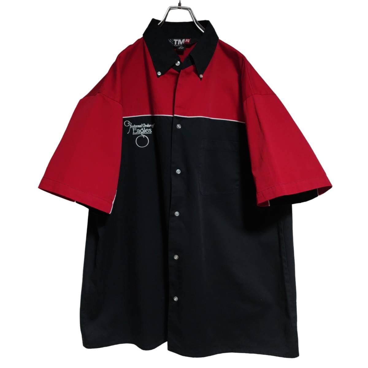 良品 TMR 半袖ワークシャツ 2XL オーバーサイズ ブラック レッド ゆうパケットポスト可 胸 ロゴ 刺繍 Fraternal 古着 洗濯 プレス済 370_画像1