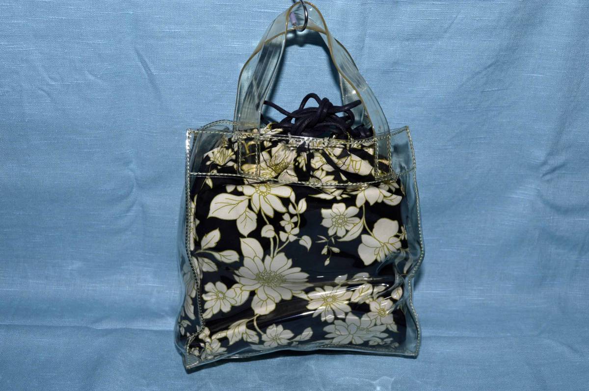 MORGAN Morgan * clear vinyl with logo tote bag & floral print pouch. set black series color ( made in Japan * unused goods )