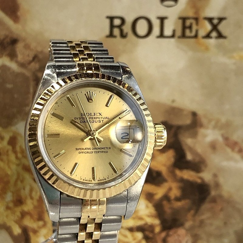 美品 ロレックス デイトジャスト 69173 自動巻き腕時計 N番 K18×SSコンビ ゴールド文字盤 デイト ジュビリーブレス レディース 質セブン_画像1