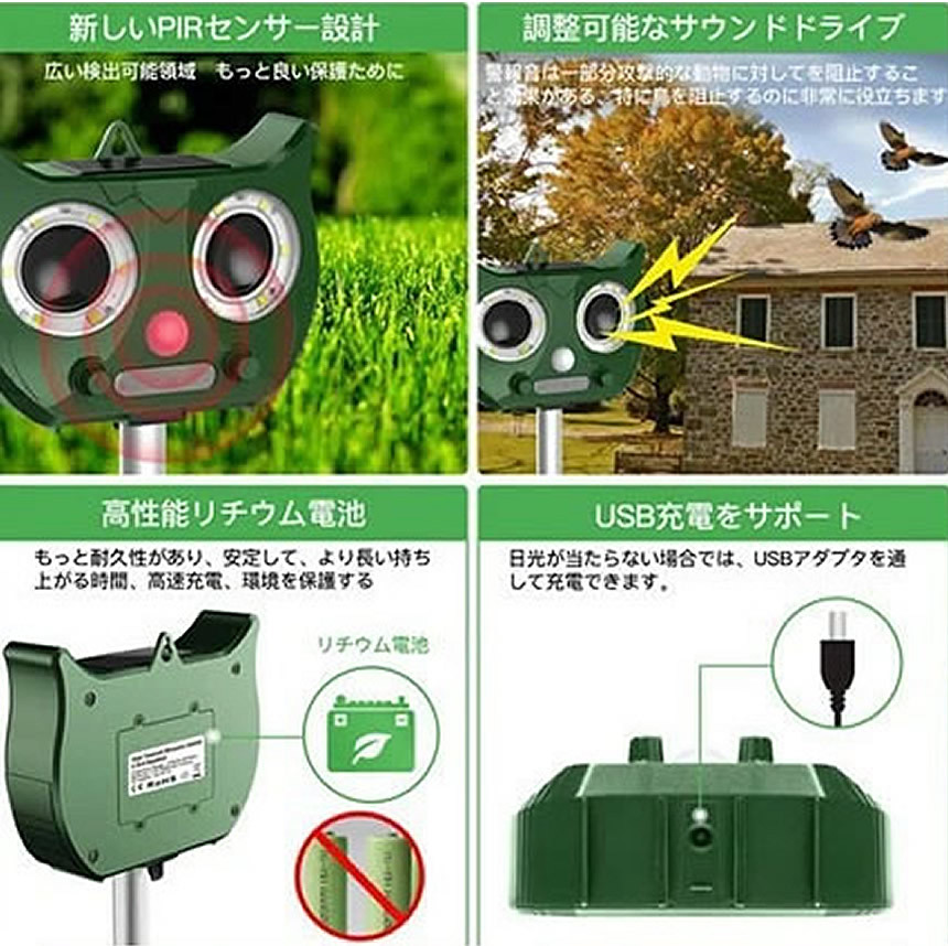 害獣撃退マシン 猫よけ 動物撃退器 害獣撃退 超音波 ソーラー充電 猫退治 グッズ 糞被害 鳥害対策 GAIGAIの画像4