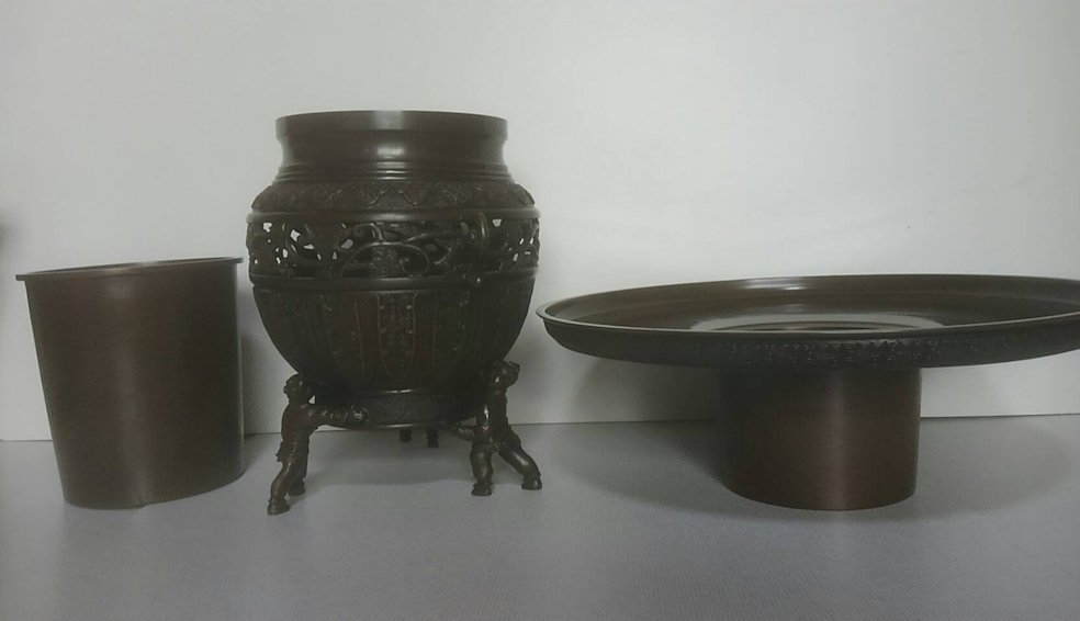 Ryūundo薄邊[是]銅花瓶花茶餐具聯合盒 原文:龍文堂薄端 [在銘] 銅製 花器 茶道具 共箱