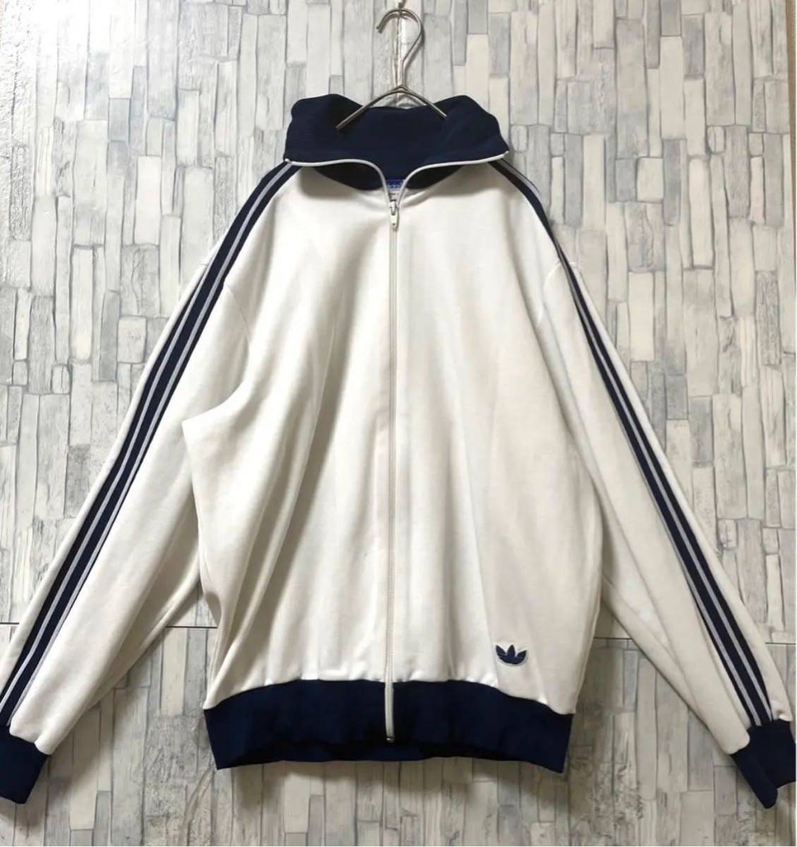 adidas オールド アディダス 西ドイツ製 ジャージ 上 トラックジャケット 70s L ホワイト トレフォイル 3ライン 刺繍ロゴ ヴィンテージ