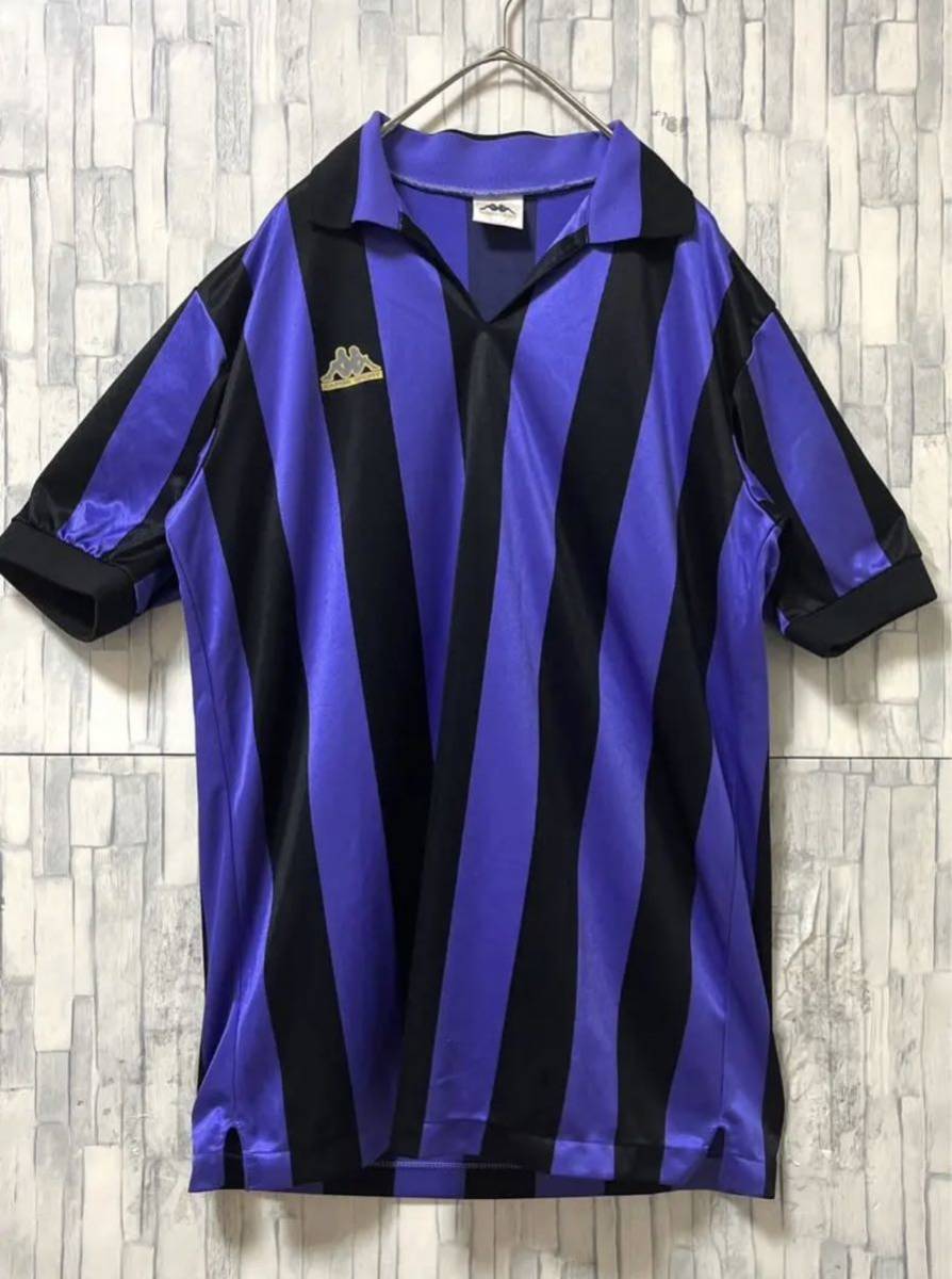 kappa カッパ ストライプ ゲームシャツ ユニフォーム サッカーシャツ サイズL パープル 半袖 刺繍ロゴ 90s 90年代 レトロ ナンバリング