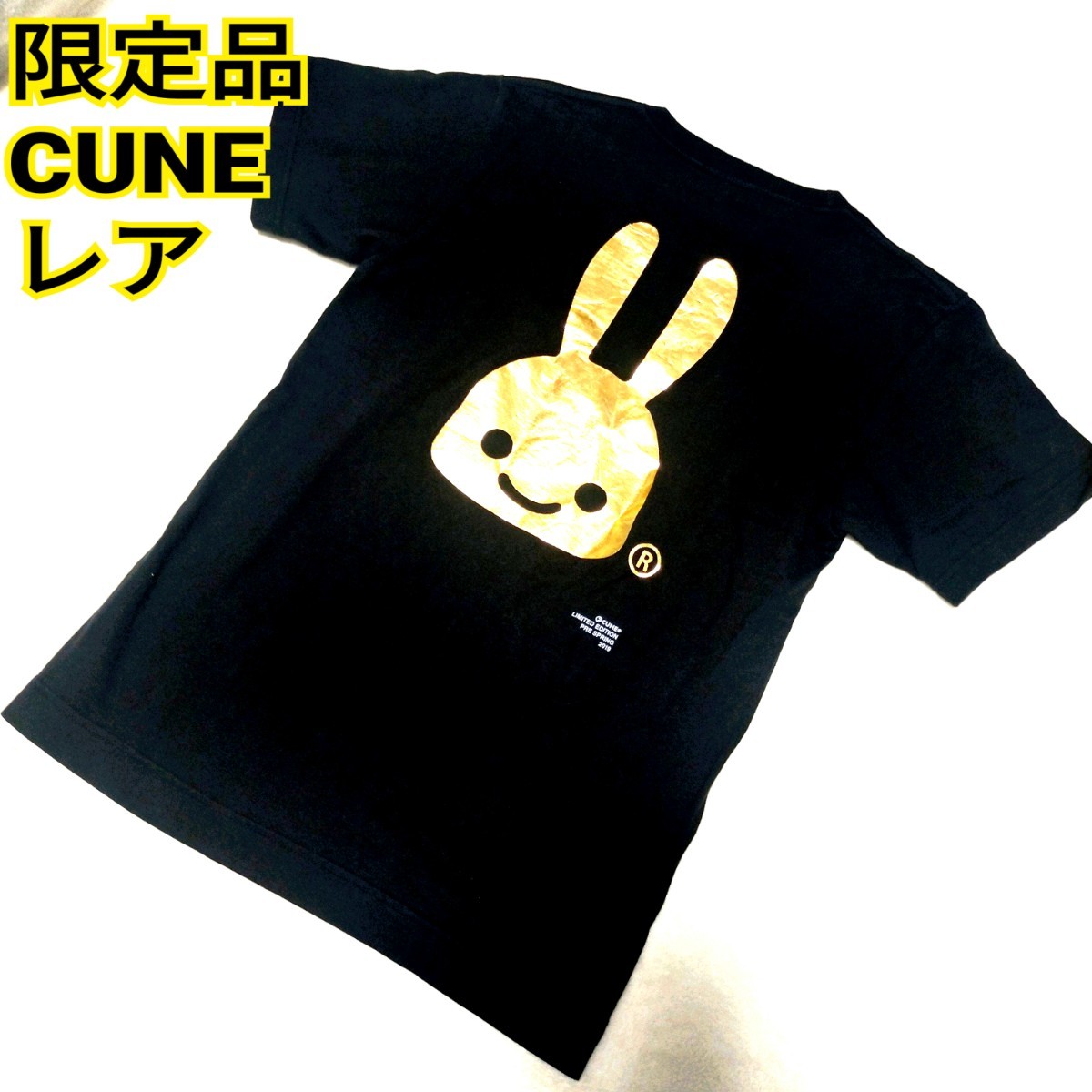 希少 レア 限定品 CUNE ゴールド ウサギ アイコン うさぎ 兎 金 箔押し Tシャツ ロゴ 黒BLACKブラック キューン ゴールド 可愛い 原宿_画像1