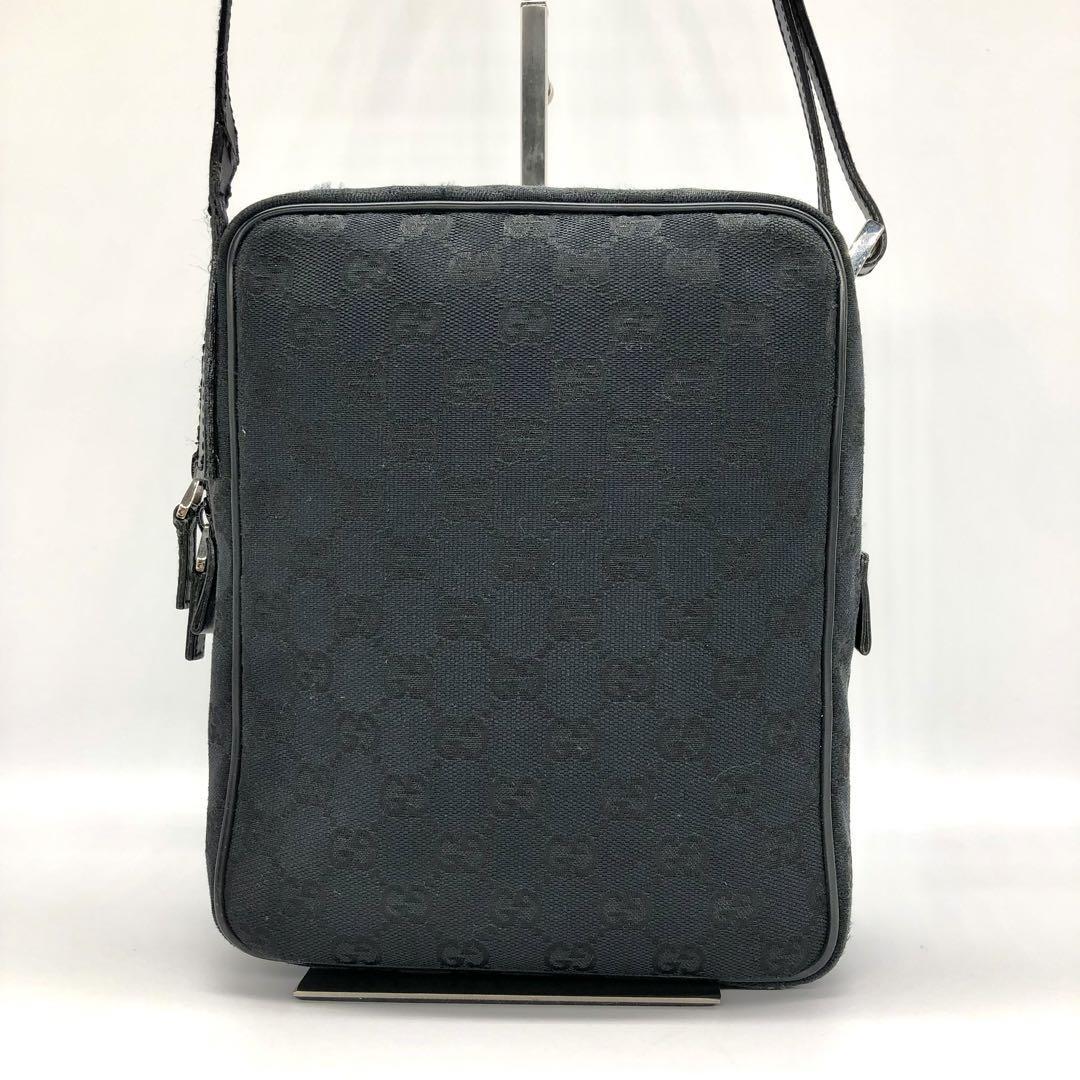 【良品】 GUCCI グッチ ショルダーバッグ GG柄 キャンバス レザー 黒 ブラック 斜め掛け メンズ レディース ポーチ ポシェット スクエア型