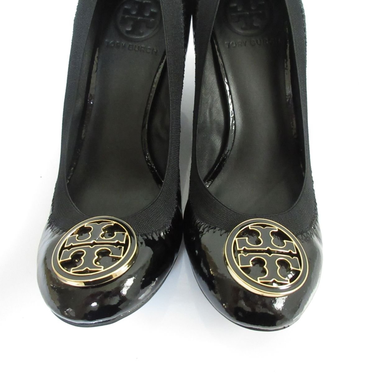最安 未使用 TORY BURCH トリーバーチ パテントレザー ダブルT ロゴ金具 ウェッジパンプス サイズ6M 約23cm ブラック 靴 