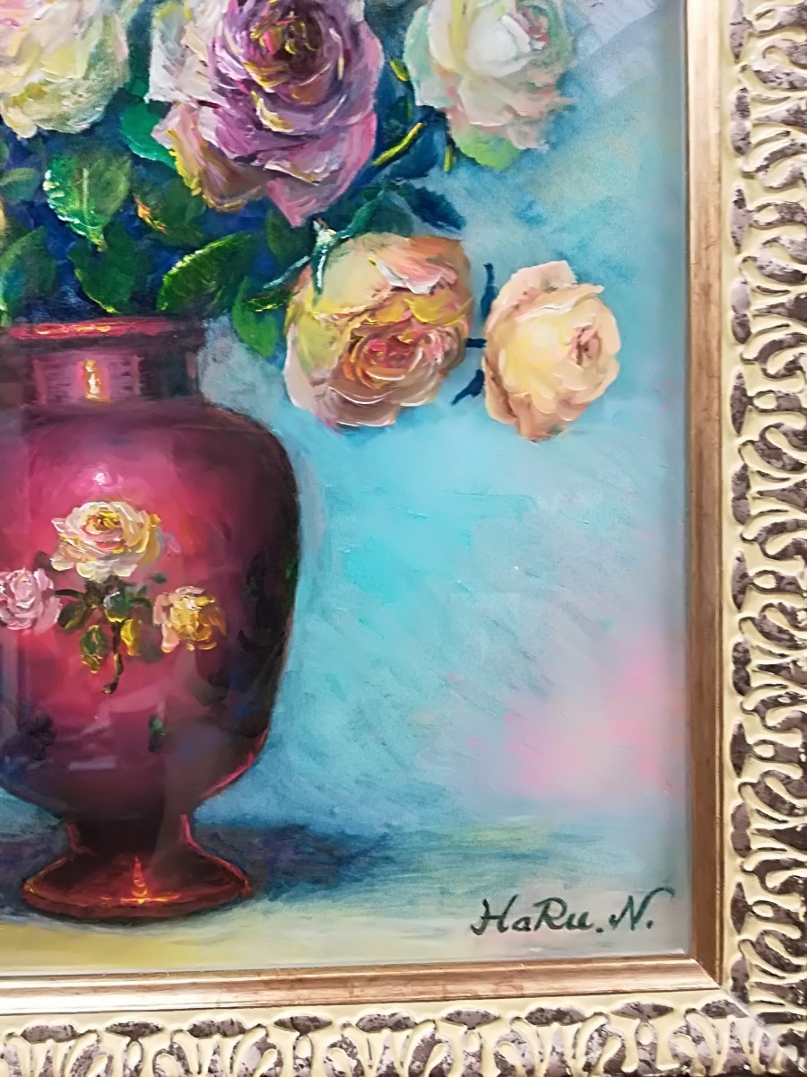 画家haru 油彩画[薔薇] 真作、原画、一点物、絵のサイズ385×295特寸 