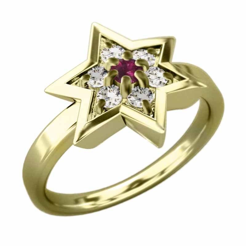 指輪 ダビデの星 ルビー 天然ダイヤモンド k18イエローゴールド 六芒星大サイズ