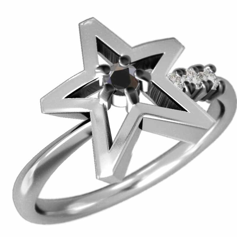 もらって嬉しい出産祝い ブラックダイア ダイヤモンド 指輪 Star スター 4月誕生石 18金ホワイトゴールド イエローゴールド台