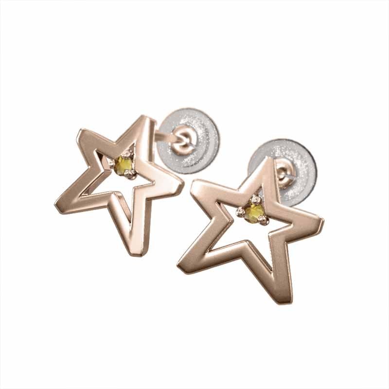 シトリントパーズ 両耳 ピアス 星型 一粒 11月の誕生石 ピンクゴールドk18 キャッチ付き 小サイズ
