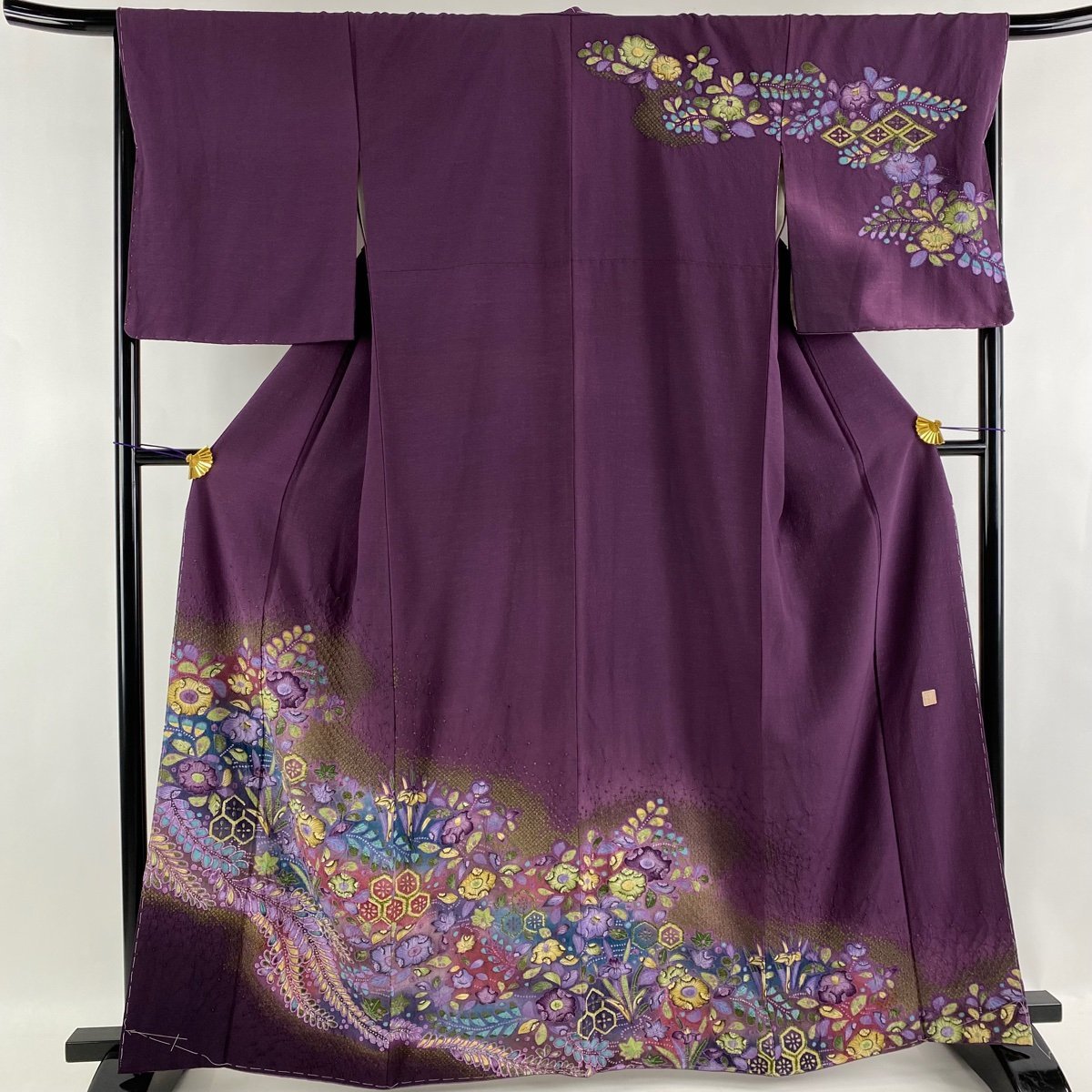 訪問着名品落款辻が花柄絞りぼかし濃紫袷身丈163cm 裄丈68.5cm L 正絹