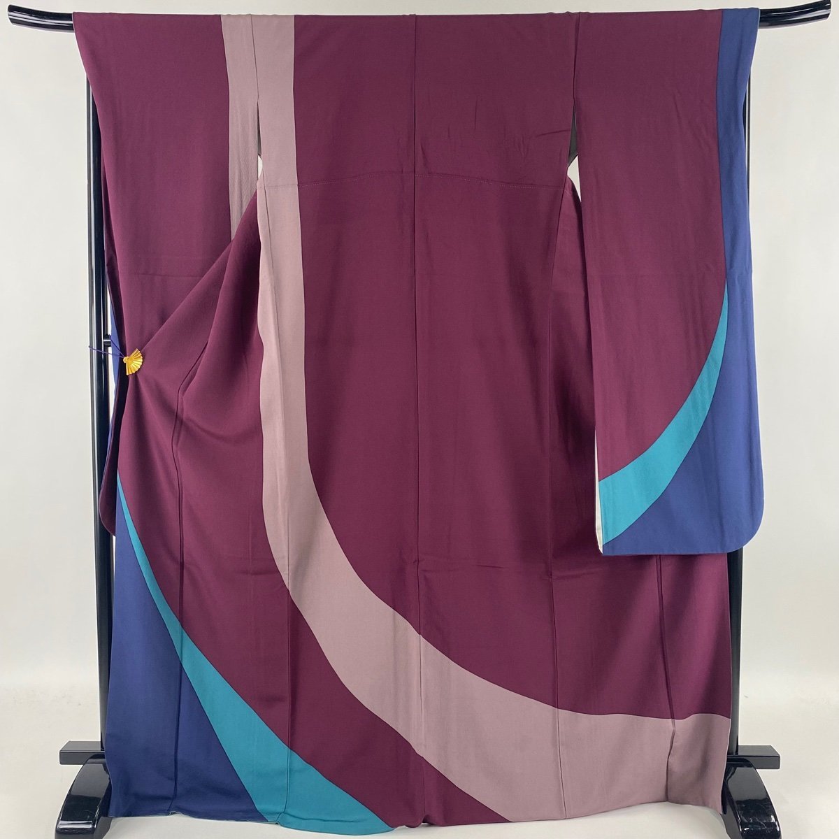 フランス買付 振袖 美品 秀品 幾何学 赤紫 袷 身丈170cm 裄丈69.5cm L