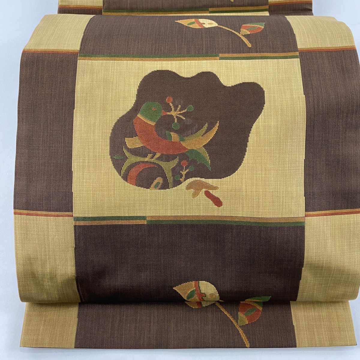 世界的に有名な 美品 袋帯 逸品 【中古】 正絹 六通 茶色 葉柄 鳥 木屋