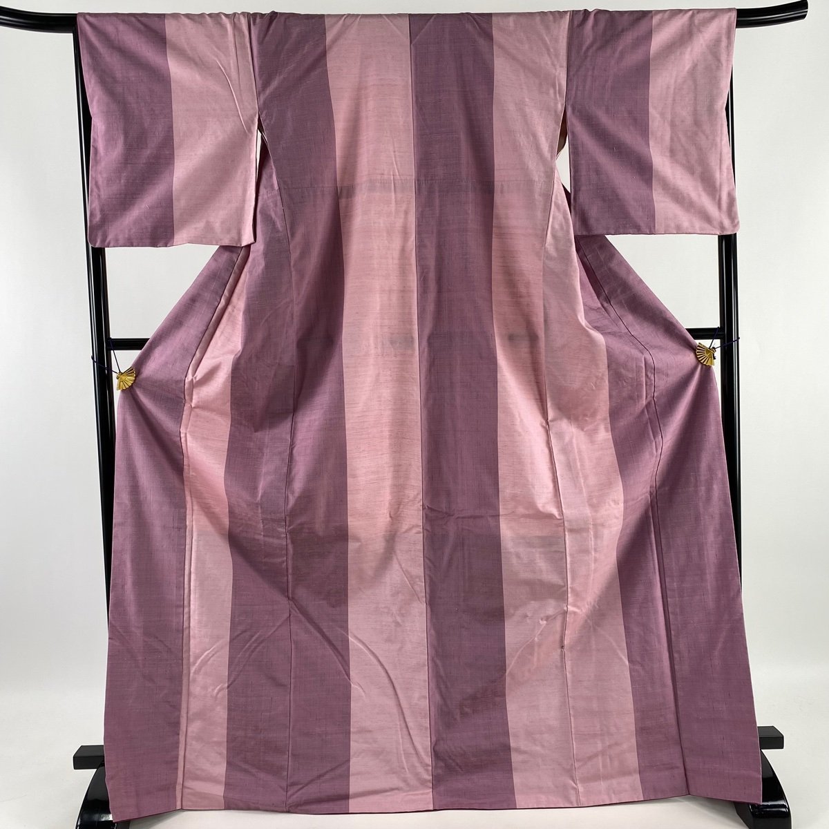 紬美品名品証紙能州紬ますいわ屋縦縞薄紫袷身丈172.5cm 裄丈67.5cm L