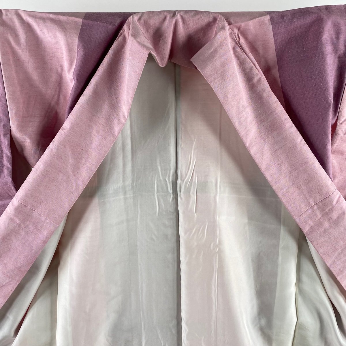 紬美品名品証紙能州紬ますいわ屋縦縞薄紫袷身丈172.5cm 裄丈67.5cm L