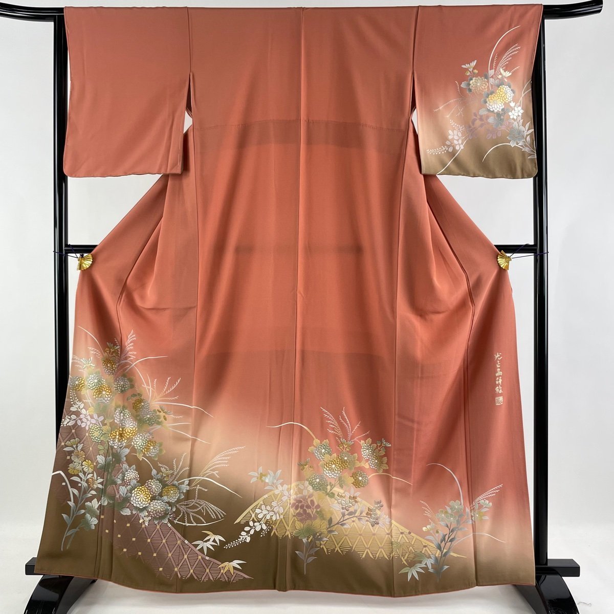 予約販売 身丈163.5cm 袷 濃ピンク 染め分け 金銀彩 籬 菊 落款 和田