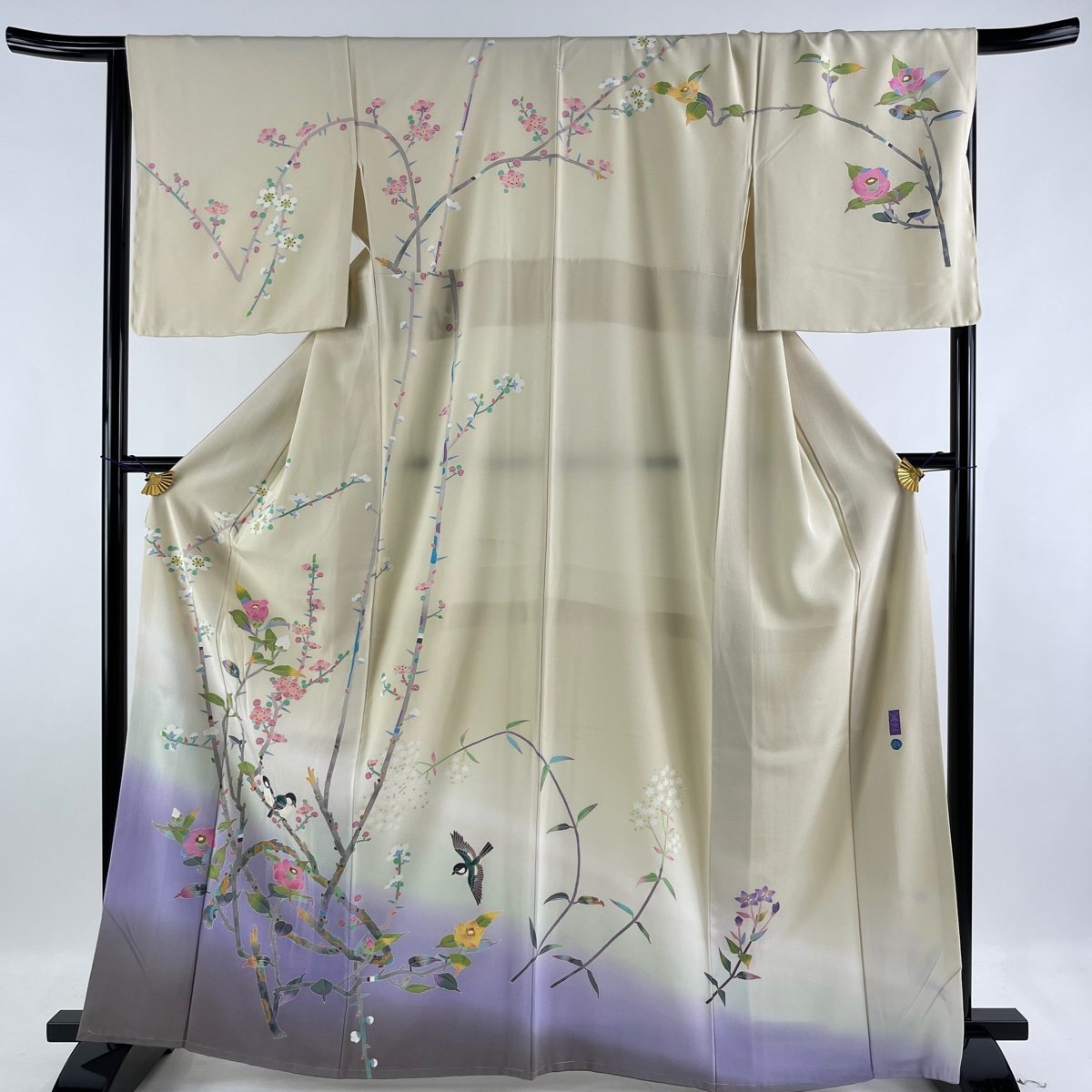 訪問着 美品 逸品 百貫華峰 落款 一つ紋 枝花 鳥 染め分け ぼかし クリーム 袷 身丈164.5cm 裄丈67cm M 正絹 【中古】訪問着 円高還元