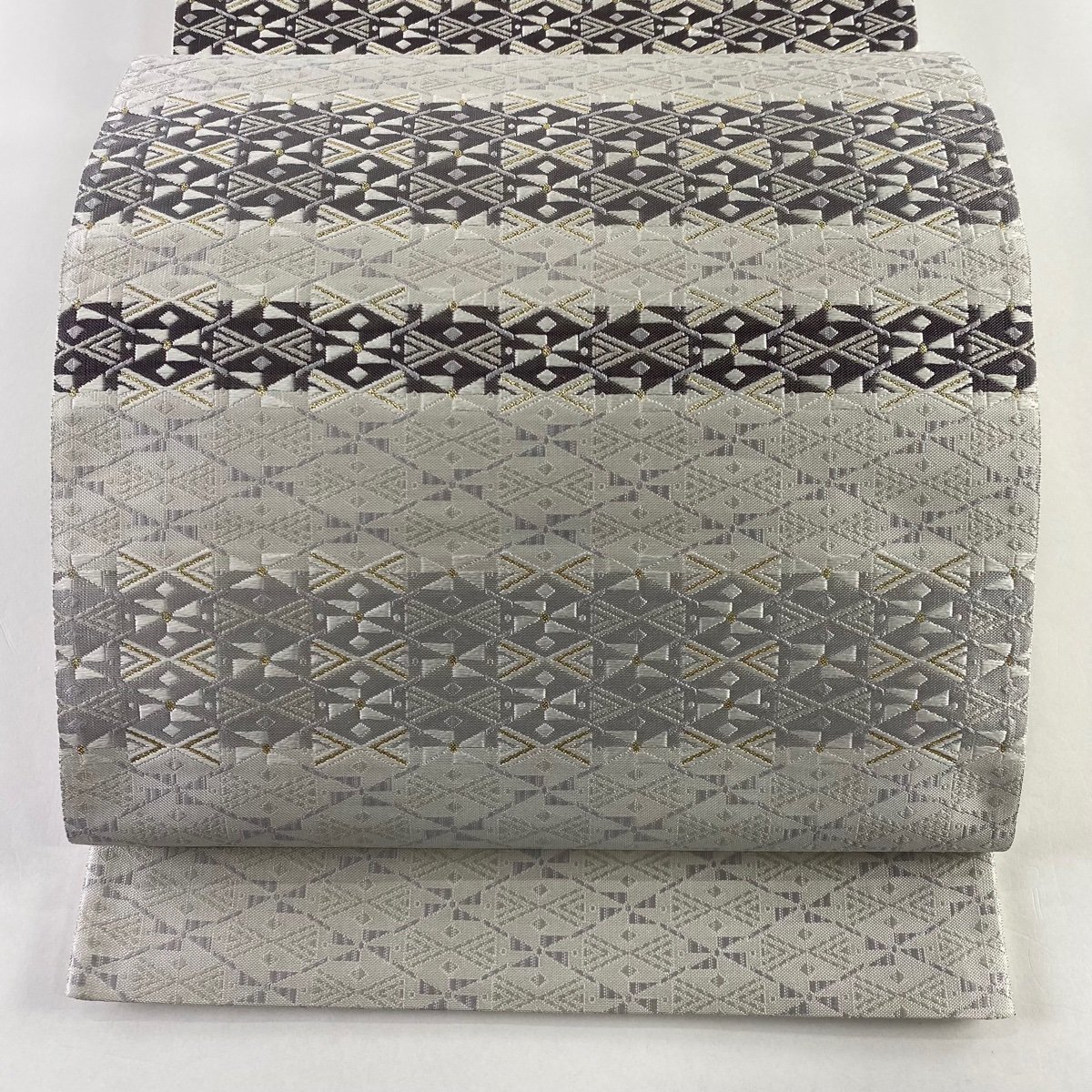 日本製 袋帯 名品 幾何学 箔 灰紫 六通 正絹 【中古】 仕立て上がり