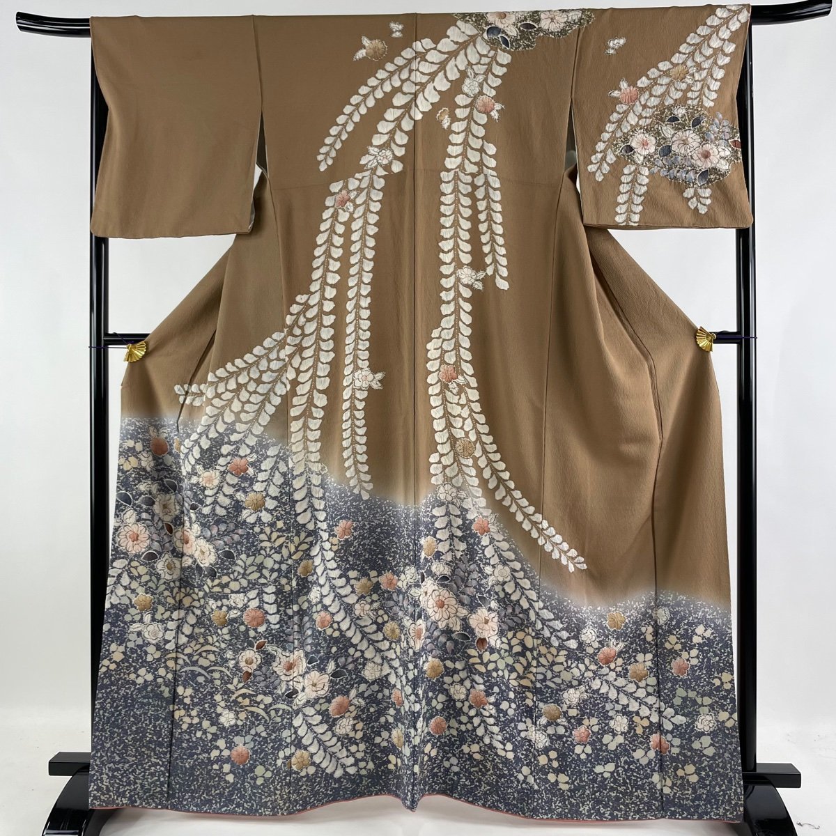 訪問着名品辻が花染め分け茶色袷身丈165cm 裄丈66cm M 正絹【中古