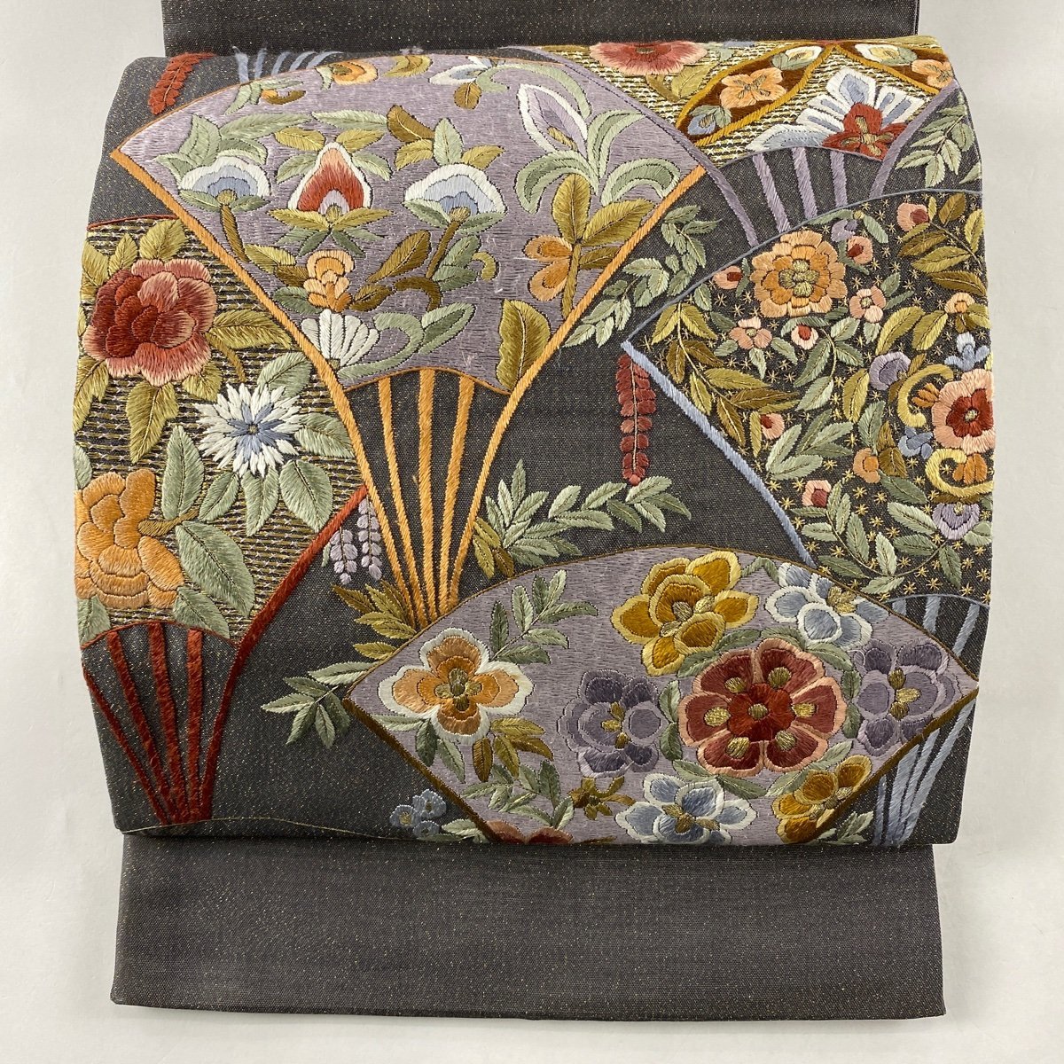 開店記念セール!】 刺繍 金糸 草花 扇 夏帯 名品 美品 袋帯 灰色