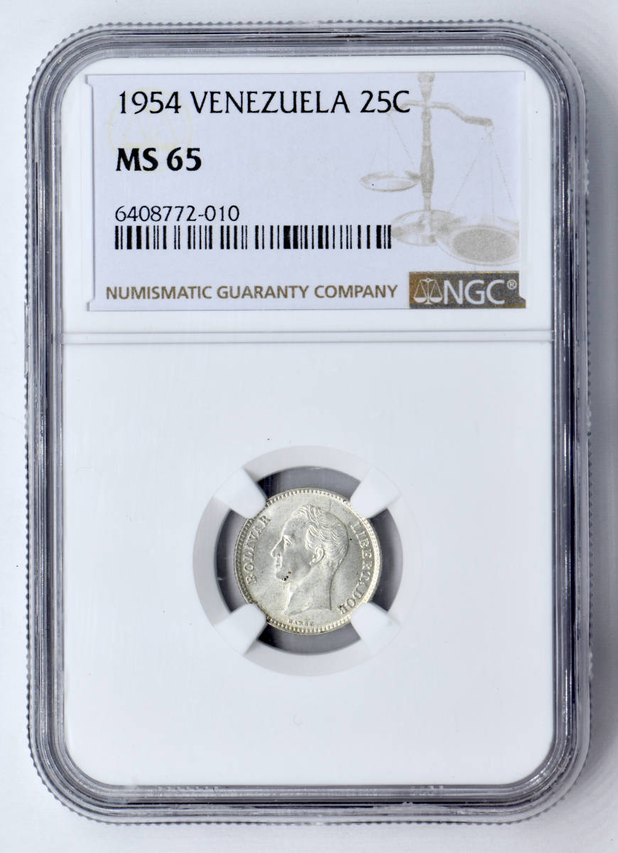 1円〜1954 ベネズエラ 25C銀貨 NGC MS65 未使用+ 世界コイン 古銭 貨幣