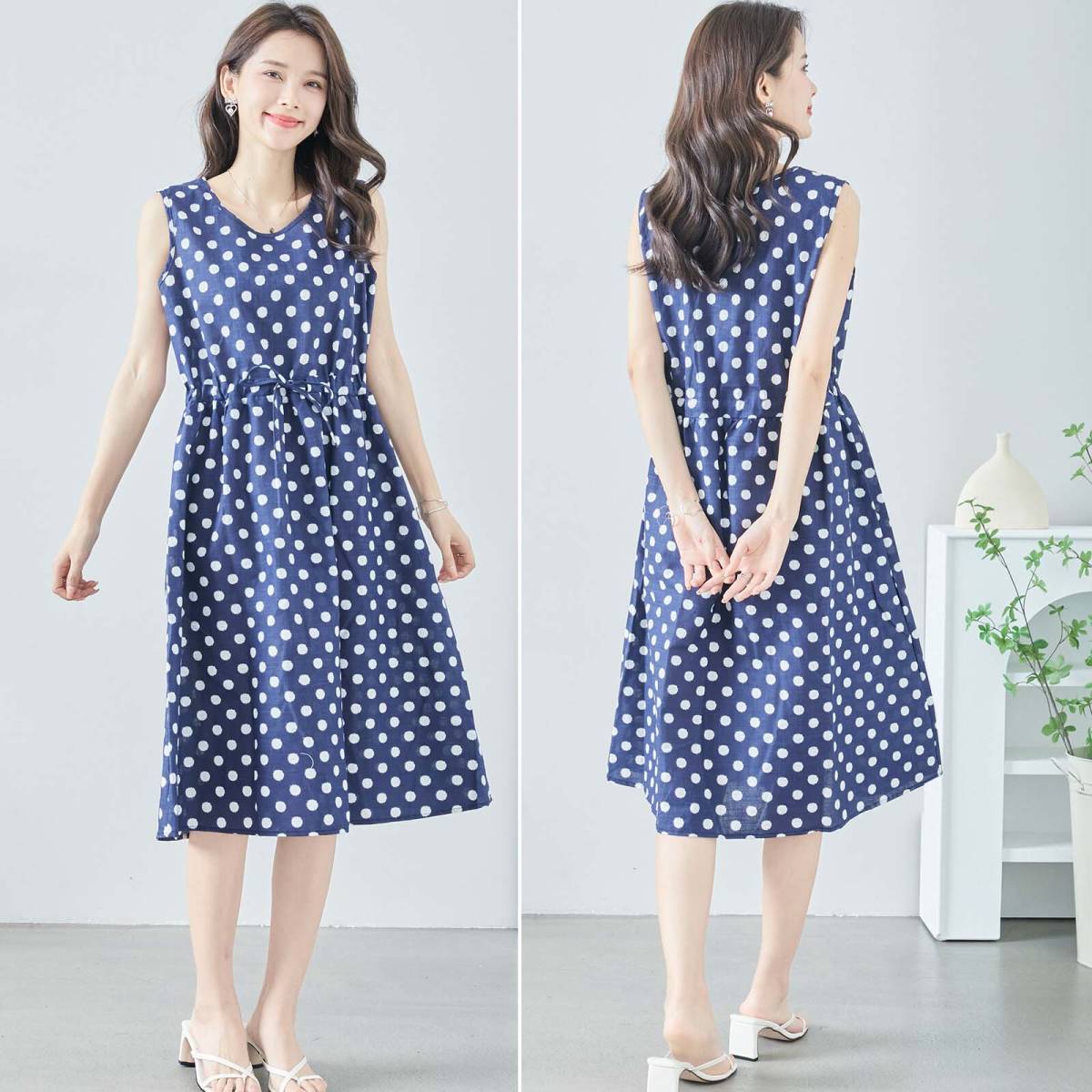 新品☆ M～L ドット 水玉柄 ノースリーブ ワンピース ワンピ ひざ丈 夏服 2023 40代 50代 コーデ きれいめ_画像3