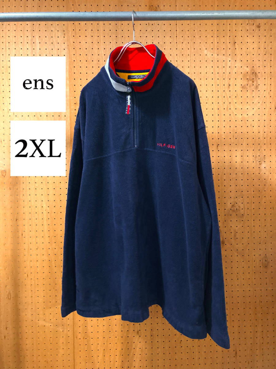 古着 90年代 90s トミーヒルフィガー ハーフジップ フリース ジャケット ネイビー 紺 メンズ XXL 2XL 3L オーバーサイズ 大きいサイズ 中古