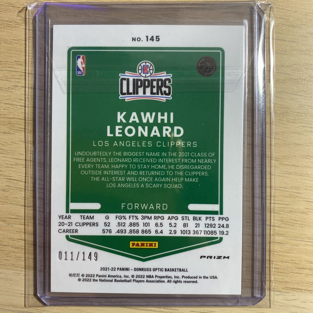 2021-22 Panini Donruss Optic Green Prizm Kawhi Leonard /149_画像2