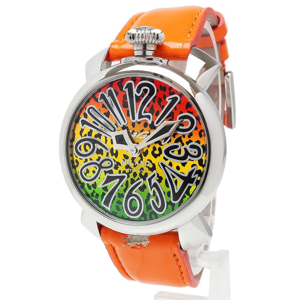 （未使用　展示品）ガガミラノ GaGa MILANO エナメルレザー レオパード マヌアーレ 40MM 500本限定 クオーツ 腕時計 オレンジ 5020ART01