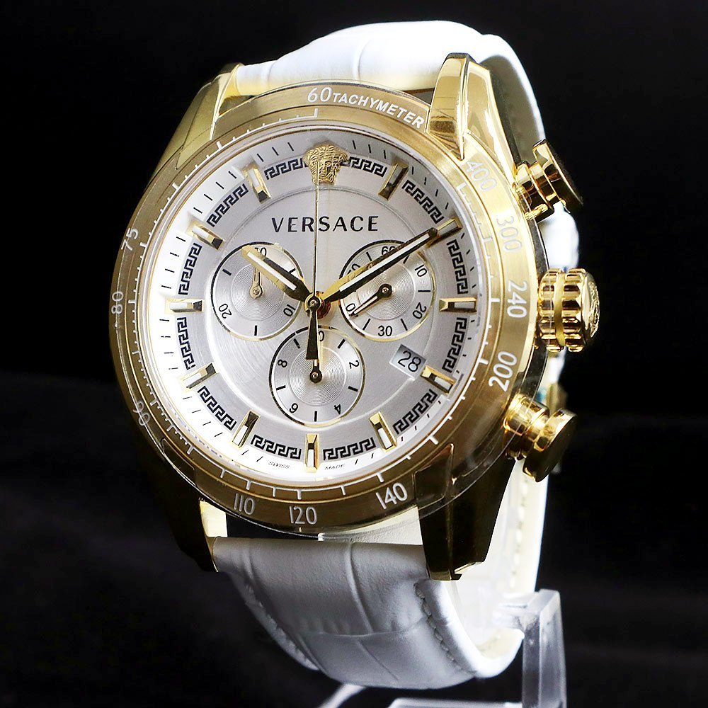 （未使用　展示品）ヴェルサーチ VERSACE V-RAY クロノグラフ クォーツ 腕時計 ステンレススチール 型押しレザー ホワイト VEDB00218