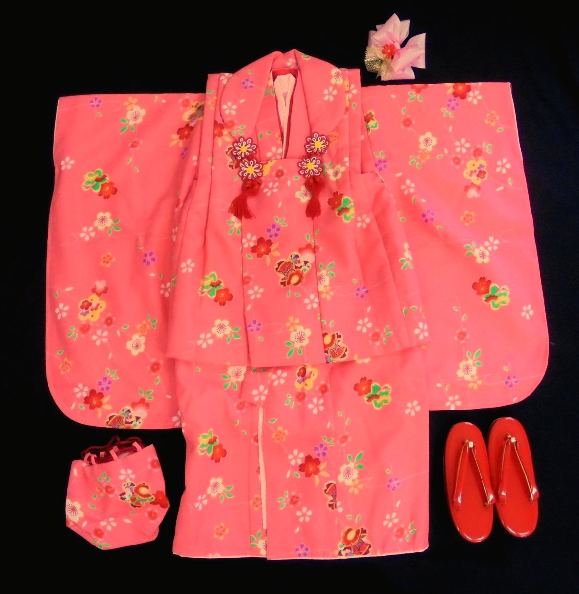 5612　七五三 正絹 被布セット 3歳 女の子「薄紅・桜」-