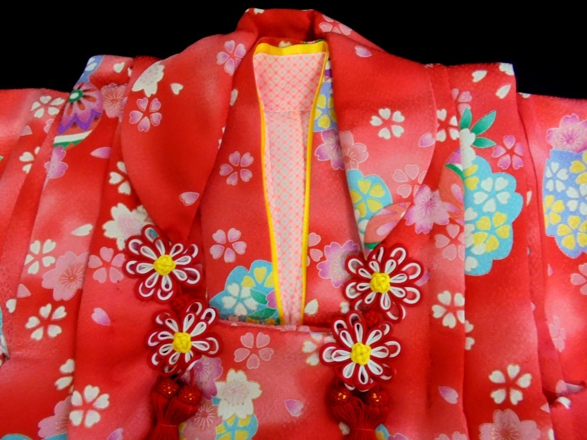 5614 "Семь, пять, три" натуральный шелк . ткань комплект 3 лет девочка [ красный * Sakura / рука .]-