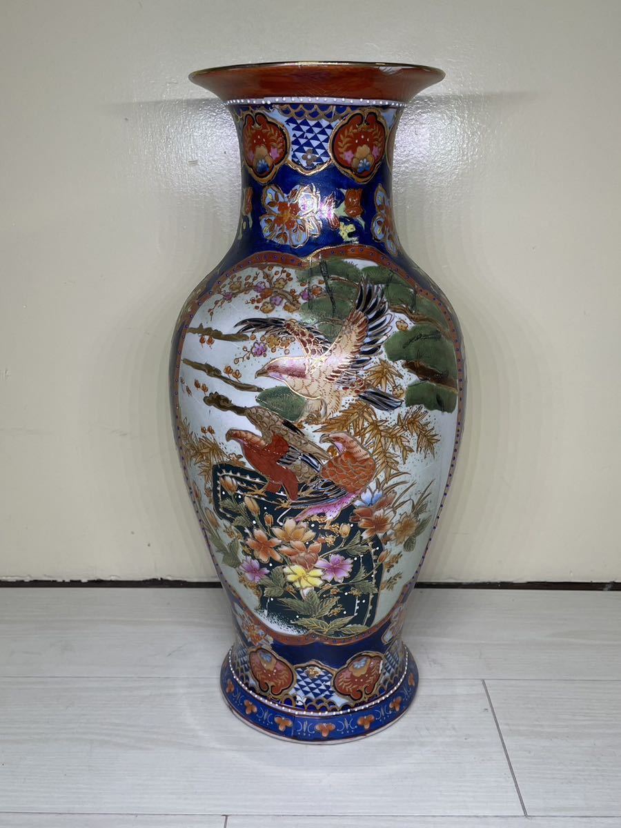 花瓶金彩色絵梅図鷹図古美術品飾壺大壷高さ約47cm 金襴手金彩豪華絢爛