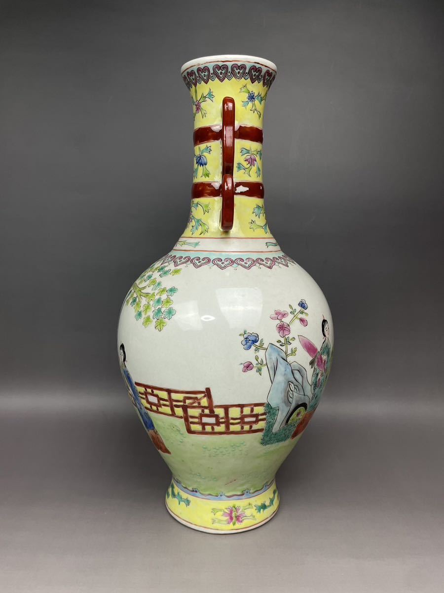 中国古玩大清乾隆年製粉彩大花瓶高さ約31cm 人物図西記粉彩中国時代物