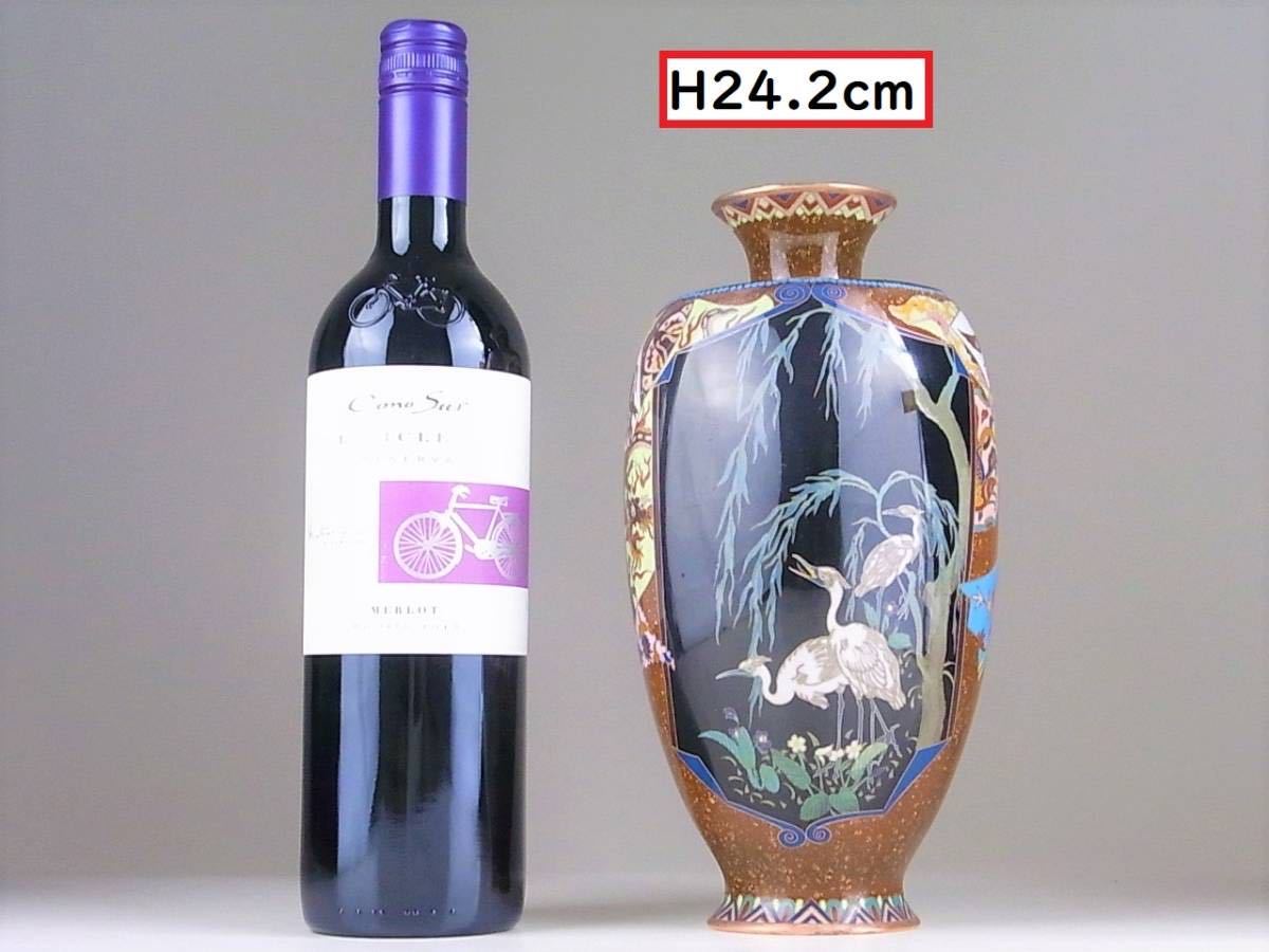 D546 】 超名品 明治期尾張七宝上手作品 鷺鳳凰龍菊文六面銀線七宝花瓶-