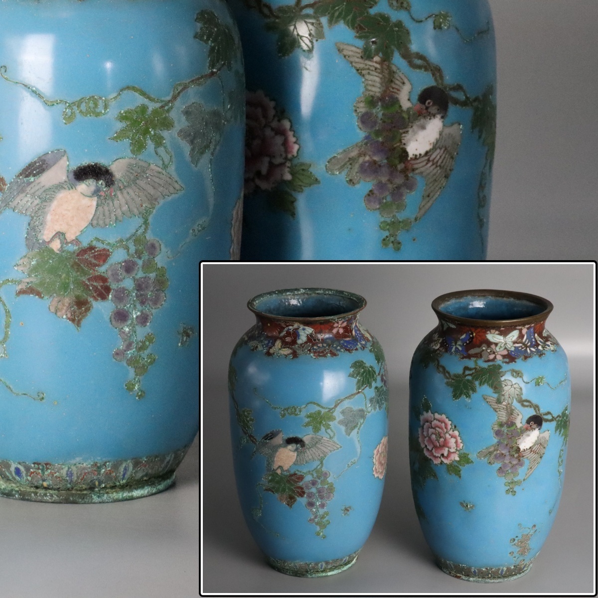 宙】中国古玩 七宝焼 花鳥葡萄文花瓶一対 高さ24.6cm 細密細工 唐物