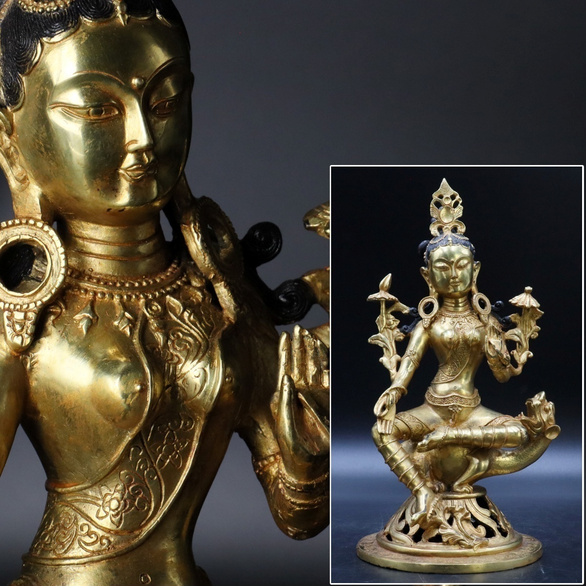 宙】中国古玩銅製鍍金チベット仏35.4cm 2904g 坐像細密細工仏像唐物