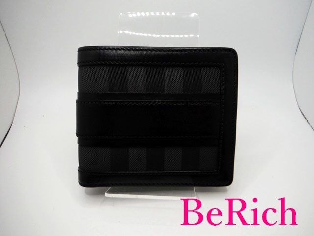 バーバリー 二つ折り 財布 黒 ブラック PVC レザー チェック メンズ BURBERRY 【中古】 bs3061