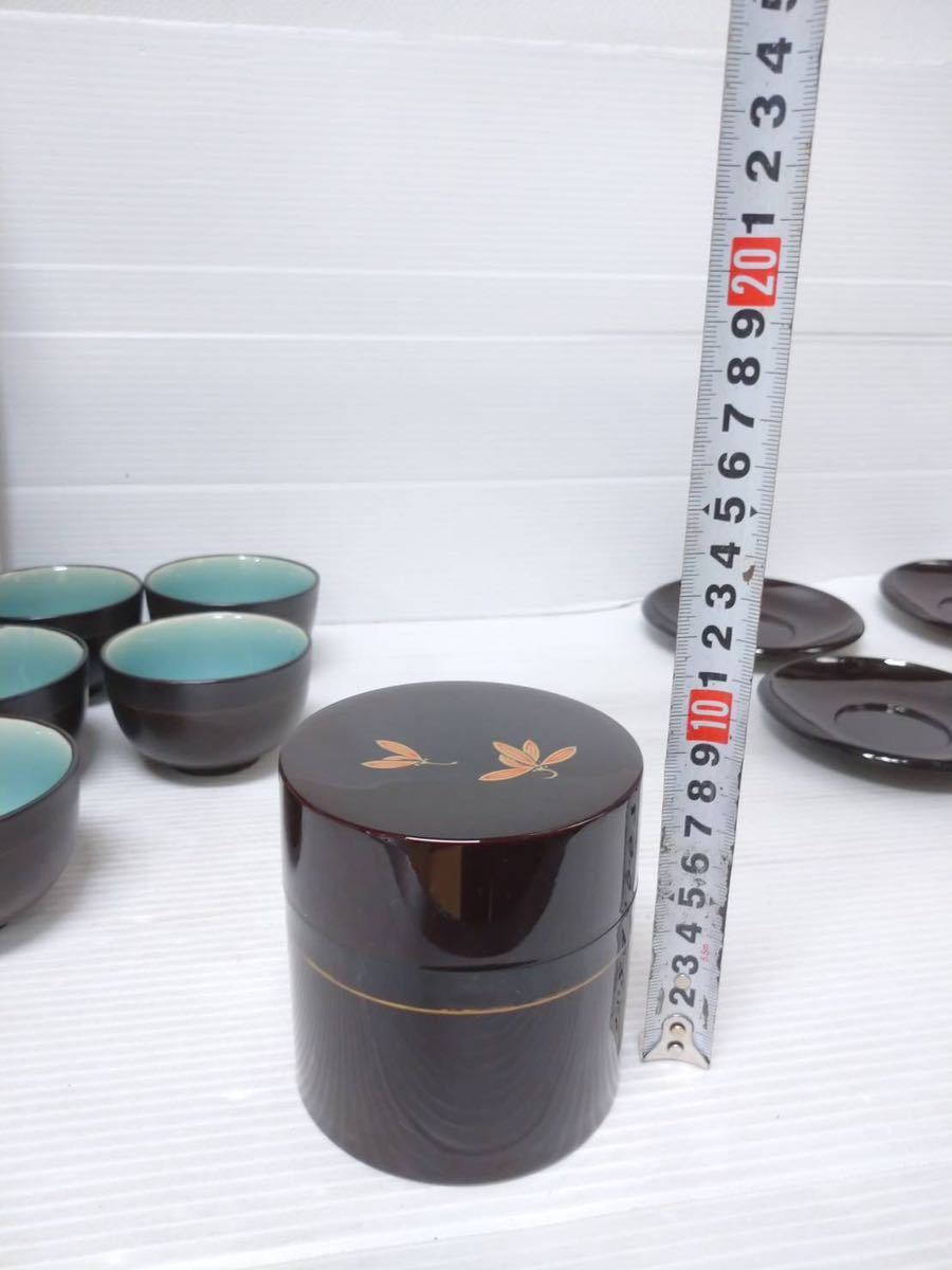 ◇茶の間セット 茶托付茶碗五客 茶筒 溜蘭 漆器 陶器 未使用◇_画像10