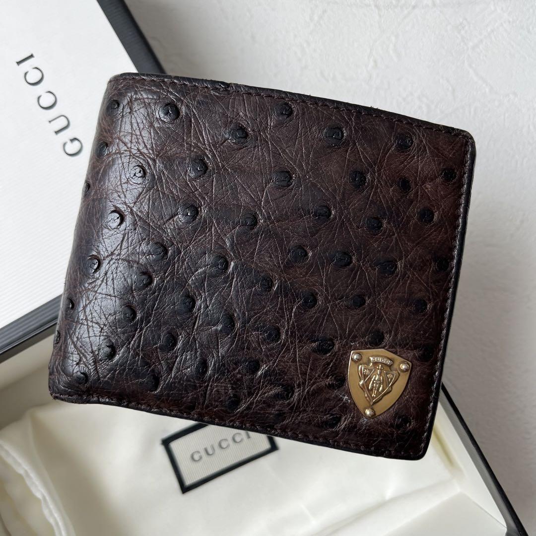 レア/美品】 GUCCI グッチ オーストリッチ クレスト ロゴ 二つ折り財布