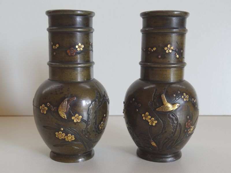 金工師　花瓶一対　花鳥象嵌　箱付　江戸時代