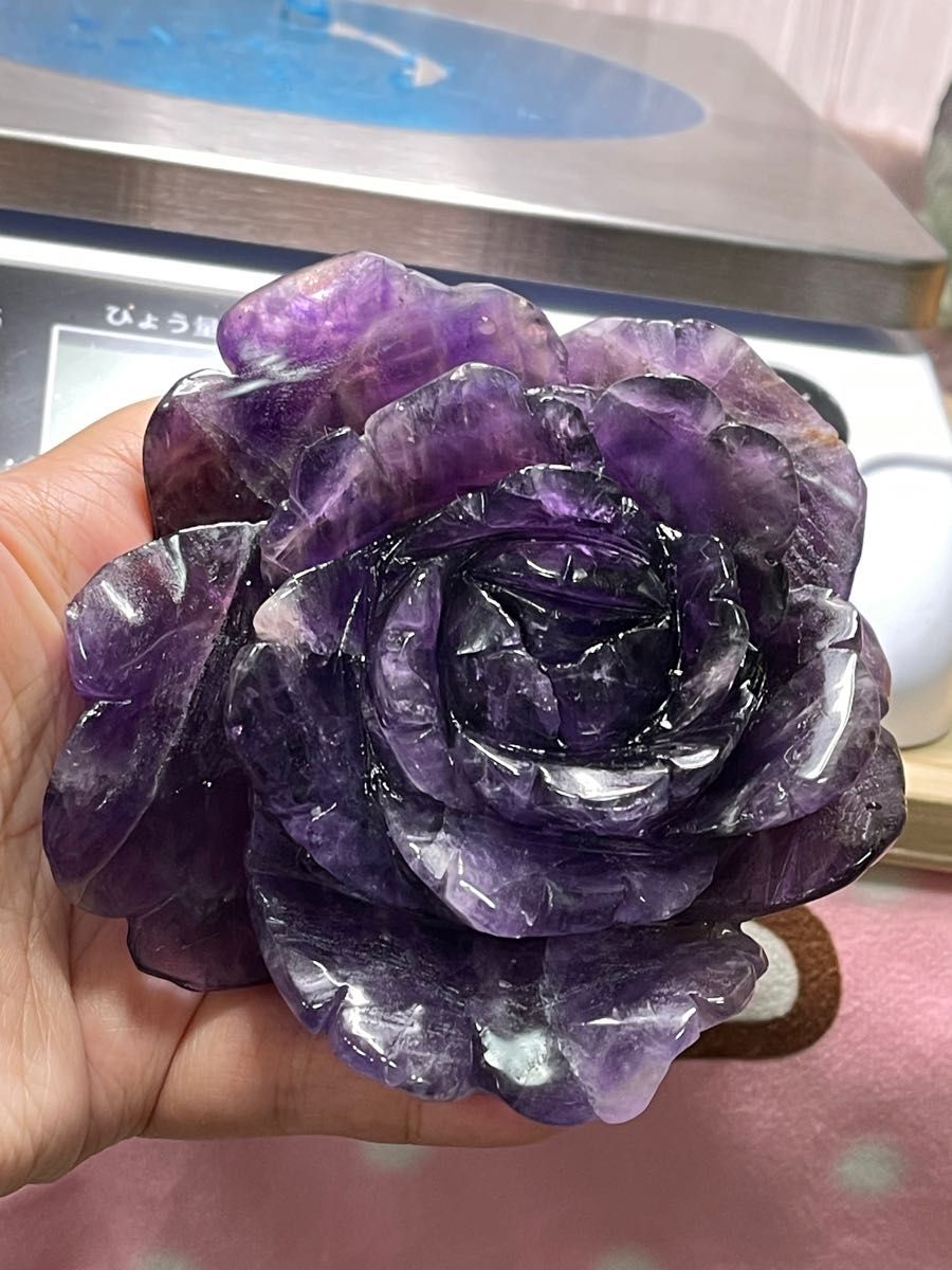 今日だけ^ - ^大きい　天然水晶　高品質 アメジスト 牡丹 花　手彫リ450g 置物 綺麗　 紫水晶　 天然石 原石